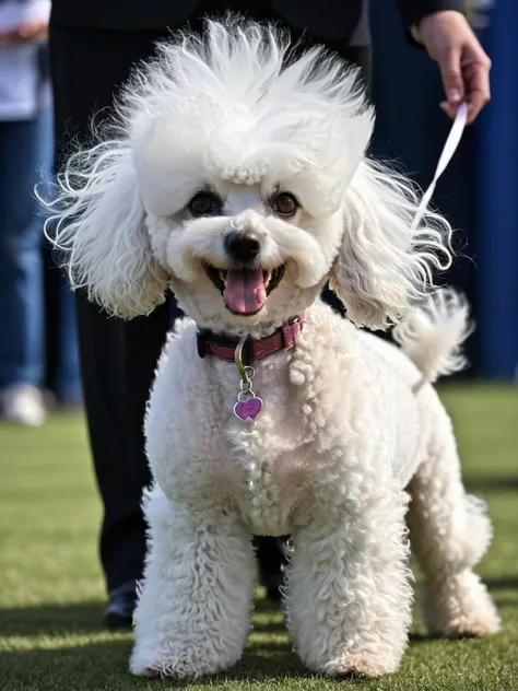 Floofy, an adorable poodle at a dog show, its curly static electricity fur, standing out among the other contestants.<lora:Floofy_Static_Electricity:1>, <lora:EnvyBetterHiresFixXL01:0:hr=1>