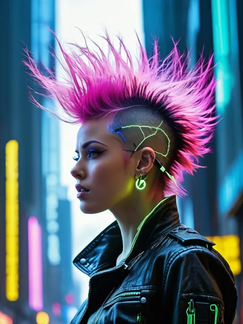 Floofy cyberpunk rebel with a neon  static electricity hair mohawk that buzzes with electricity, sparks flying as they hack into a futuristic city's mainframe. <lora:Floofy_Static_Electricity:1>, <lora:EnvyBetterHiresFixXL01:0:hr=1>