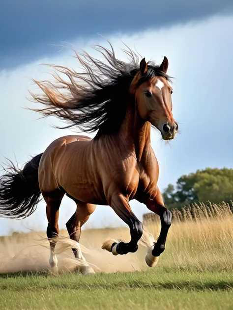 Floofy, a majestic horse with a static electricity fur mane and tail, galloping through a field with strands of hair wildly reaching towards the sky.<lora:Floofy_Static_Electricity:1>, <lora:EnvyBetterHiresFixXL01:0:hr=1>