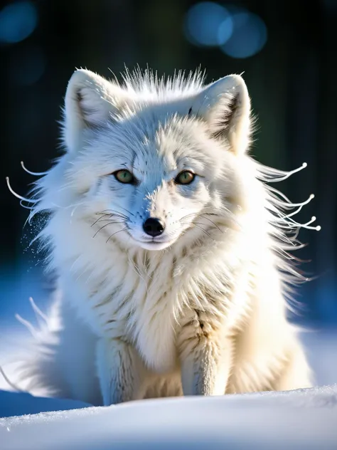 Floofy arctic fox curled up in a snowdrift, its thick, white fur glowing with static electricity fur , creating a mesmerizing display of the aurora borealis. <lora:Floofy_Static_Electricity:1>, <lora:EnvyBetterHiresFixXL01:0:hr=1>