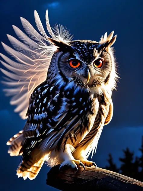 Floofy owl soaring through a thunderstorm, its feathers charged with electricity ( static electricity fur), illuminating the night sky with flashes of light. <lora:Floofy_Static_Electricity:1>, <lora:EnvyBetterHiresFixXL01:0:hr=1>