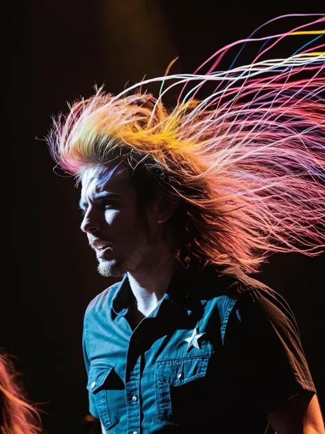 Floofy rock star on stage, headbanging so hard that their wild, colorful  static electricity hair stands on end, emitting arcs of electricity that electrify the crowd. <lora:Floofy_Static_Electricity:1>, <lora:EnvyBetterHiresFixXL01:0:hr=1>