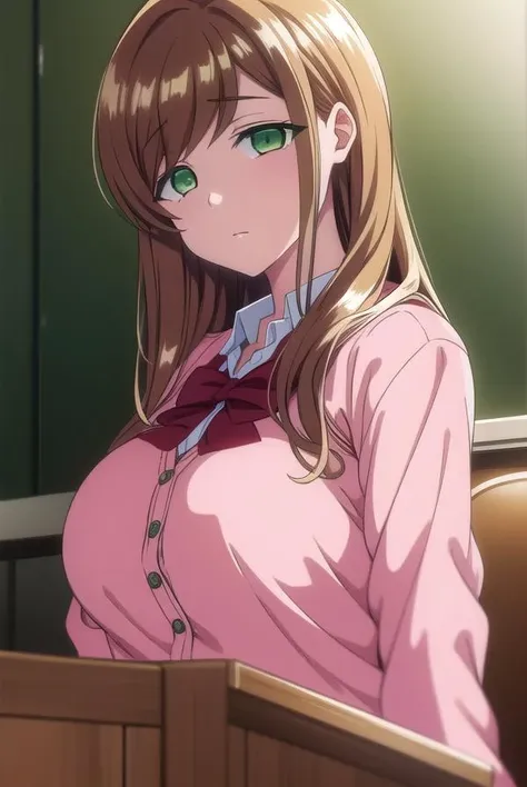 minakosanada, <lora:minakosanada-lora-nochekaiser:1>, 
minako sanada, long hair, brown hair, (green eyes:1.5),
BREAK long sleeves, bow, school uniform, bowtie, red bow, cardigan, pink cardigan,
BREAK looking at viewer,
BREAK indoors, classroom,
BREAK <lora:GoodHands-vanilla:1>, (masterpiece:1.2), best quality, high resolution, unity 8k wallpaper, (illustration:0.8), (beautiful detailed eyes:1.6), extremely detailed face, perfect lighting, extremely detailed CG, (perfect hands, perfect anatomy),
