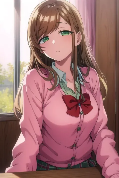 minakosanada, <lora:minakosanada-lora-nochekaiser:1>, 
minako sanada, long hair, brown hair, (green eyes:1.5),
BREAK long sleeves, bow, school uniform, bowtie, red bow, cardigan, pink cardigan,
BREAK looking at viewer,
BREAK indoors, classroom,
BREAK <lora:GoodHands-vanilla:1>, (masterpiece:1.2), best quality, high resolution, unity 8k wallpaper, (illustration:0.8), (beautiful detailed eyes:1.6), extremely detailed face, perfect lighting, extremely detailed CG, (perfect hands, perfect anatomy),