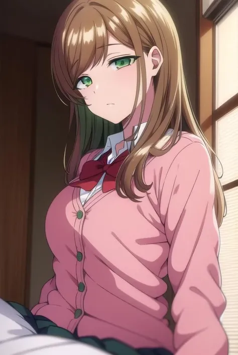 (masterpiece:1.0),(best_quality:1.0),ultra high res,absurdres,ultra-detailed,classroom,cowboy shot,smile,
sitting,
Minako-Sanada, 1girl,solo,long hair,large breasts,green eyes,, skirt, cardigan,red bow,