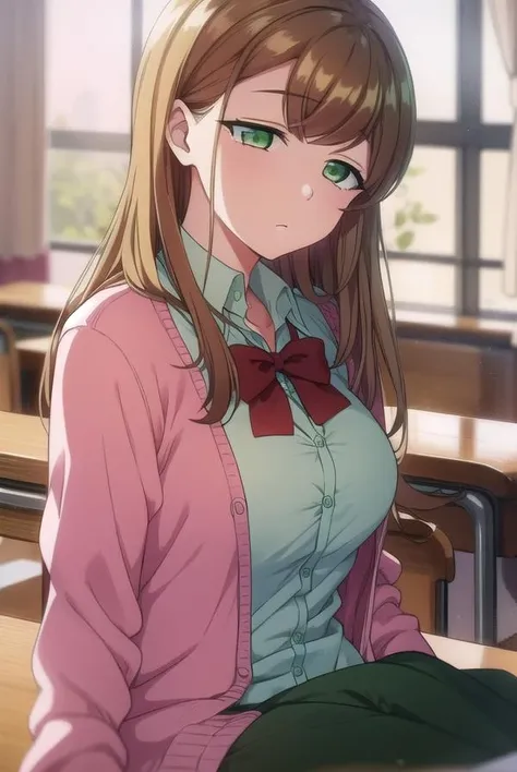 minakosanada, <lora:minakosanada-lora-nochekaiser:1>,
minako sanada, long hair, brown hair, (green eyes:1.5),
BREAK long sleeves, bow, school uniform, bowtie, red bow, cardigan, pink cardigan,
BREAK looking at viewer,
BREAK indoors, classroom,
BREAK <lora:GoodHands-vanilla:1>, (masterpiece:1.2), best quality, high resolution, unity 8k wallpaper, (illustration:0.8), (beautiful detailed eyes:1.6), extremely detailed face, perfect lighting, extremely detailed CG, (perfect hands, perfect anatomy),