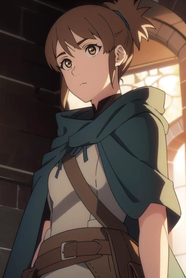 dotamarci, <lyco:marci-LYCORIStest:1>,
marci, bangs, brown hair, (brown eyes:1.5), ponytail, short ponytail,
BREAK belt, cape, armor, cloak, pouch, brown belt, belt pouch,
BREAK looking at viewer,
BREAK outdoors,
BREAK <lora:GoodHands-vanilla:1>, (masterpiece:1.2), best quality, high resolution, unity 8k wallpaper, (illustration:0.8), (beautiful detailed eyes:1.6), extremely detailed face, perfect lighting, extremely detailed CG, (perfect hands, perfect anatomy),