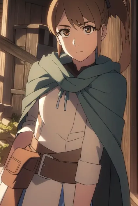 dotamarci, <lyco:marci-LYCORIStest:1>,
marci, bangs, brown hair, (brown eyes:1.5), ponytail, short ponytail,
BREAK belt, cape, armor, cloak, pouch, brown belt, belt pouch,
BREAK looking at viewer,
BREAK outdoors,
BREAK <lora:GoodHands-vanilla:1>, (masterpiece:1.2), best quality, high resolution, unity 8k wallpaper, (illustration:0.8), (beautiful detailed eyes:1.6), extremely detailed face, perfect lighting, extremely detailed CG, (perfect hands, perfect anatomy),