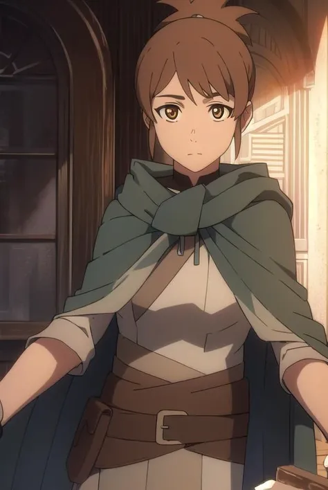 dotamarci, <lyco:marci-LYCORIStest:1>,
marci, bangs, brown hair, (brown eyes:1.5), ponytail, short ponytail,
BREAK belt, cape, armor, cloak, pouch, brown belt, belt pouch,
BREAK looking at viewer,
BREAK outdoors,
BREAK <lora:GoodHands-vanilla:1>, (masterpiece:1.2), best quality, high resolution, unity 8k wallpaper, (illustration:0.8), (beautiful detailed eyes:1.6), extremely detailed face, perfect lighting, extremely detailed CG, (perfect hands, perfect anatomy),