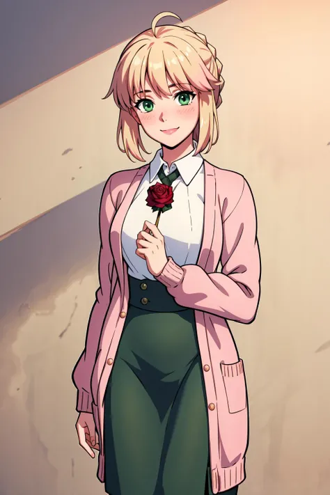 best quality, masterpiece, highres, solo,looking at viewer, ccsaber, green eyes,blonde hair, ahoge, light smile, blush,autumn, (Dusty rose cardigan:1.2), Olive green midi skirt, Taupe ankle boots, Cream oversized sweater, cowboy shot, <lora:artoria_pendragon_v2:.8>