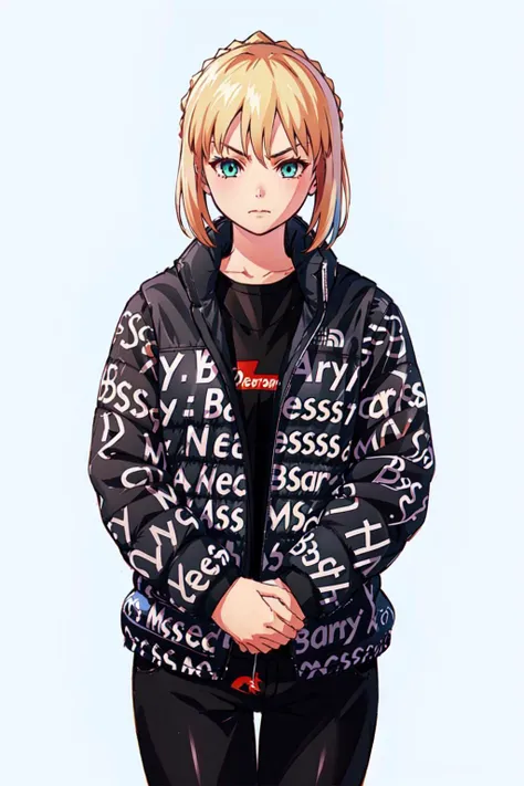 drip jacket,white background, shirt, closed mouth, open clothes, black pants, pants, 1girl, black shirt, looking at viewer, open jacket, solo, own hands together, (masterpiece:1.4), (best quality:1.4), realistic, 1girl, front view, serious, <lora:attire_dripmeme-10:0.9>,
<lora:artoria_pendragon_v2:0.7> artoria pendragon \(fate\)