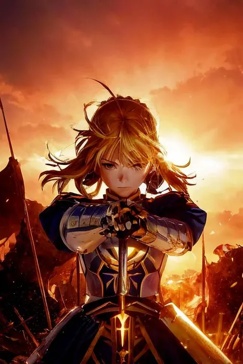 (8k, RAW photo, realistic, photo-realistic:1.5), masterpiece, best quality, high resolution, extremely detailed, detailed background, cinematic lighting, lens flare, dramatic, octane render, warmlight on face, 1girl, cute girl, solo, light-blonde hair, (green eyes), aasaber, ahoge, gauntlets, navy blue dress, <lora:artoria_pendragon_v2:0.9>, standing,  holding weapon, sword, excalibur \(fate/stay night\), medieval battlefield background, sunlight falls from behind, orange sky