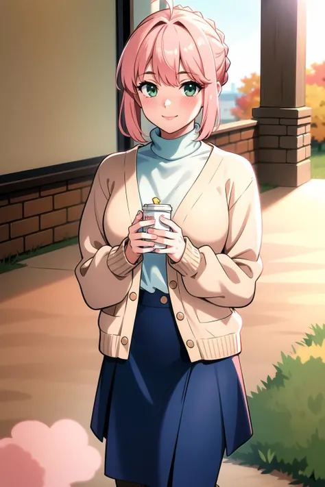 best quality, masterpiece, highres, solo,looking at viewer, ccsaber, green eyes,blonde hair, ahoge, light smile, blush,autumn, (Dusty rose cardigan:1.2), Olive green midi skirt, Taupe ankle boots, Cream oversized sweater, cowboy shot, <lora:artoria_pendragon_v2:.8>