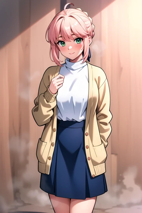 best quality, masterpiece, highres, solo,looking at viewer, ccsaber, green eyes,blonde hair, ahoge, light smile, blush,autumn, (Dusty rose cardigan:1.2), Olive green midi skirt, Taupe ankle boots, Cream oversized sweater, cowboy shot, <lora:artoria_pendragon_v2:.8>