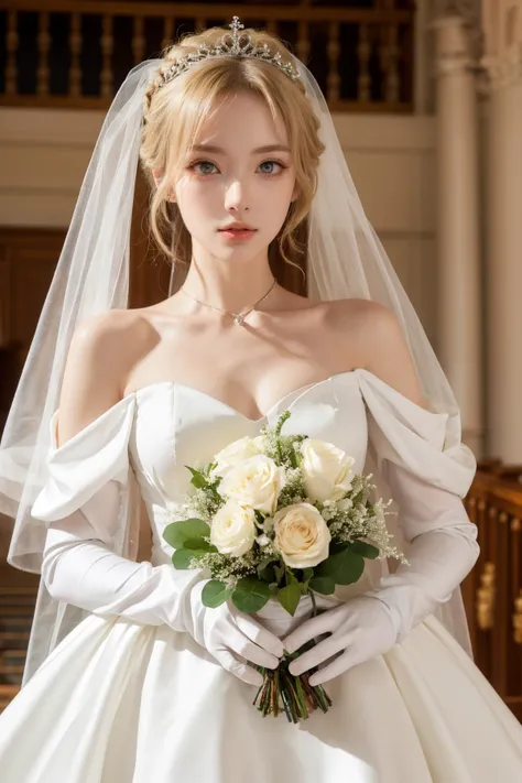 (Best Quality, Masterpiece:1.4), (Realism:1.2), (Realisitc:1.2), (Absurdres:1.2), (photorealistic:1.3), Realistic Skin,Solo,( Very Big Eyes,beautiful detailed eyes, symmetric eyes,), ((cowboy shot)),1girl,solo,
ccsaber, blonde hair, green eyes, ahoge, <lora:artoria_pendragon_v2:0.8>, wediing dress, bridal veil, white gloves, church, off shoulder, tiara, holding bouquet