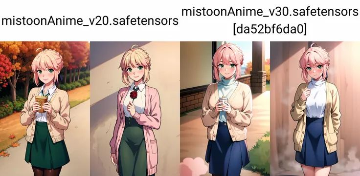 best quality, masterpiece, highres, solo,looking at viewer, ccsaber, green eyes,blonde hair, ahoge, light smile, blush,autumn, (Dusty rose cardigan:1.2), Olive green midi skirt, Taupe ankle boots, Cream oversized sweater, cowboy shot, <lora:artoria_pendragon_v2:.8>