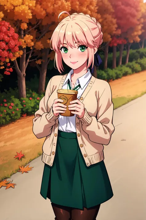 best quality, masterpiece, highres, solo,looking at viewer, ccsaber, green eyes,blonde hair, ahoge, light smile, blush,autumn, (Dusty rose cardigan:1.2), Olive green midi skirt, Taupe ankle boots, Cream oversized sweater, cowboy shot, <lora:artoria_pendragon_v2:.8>