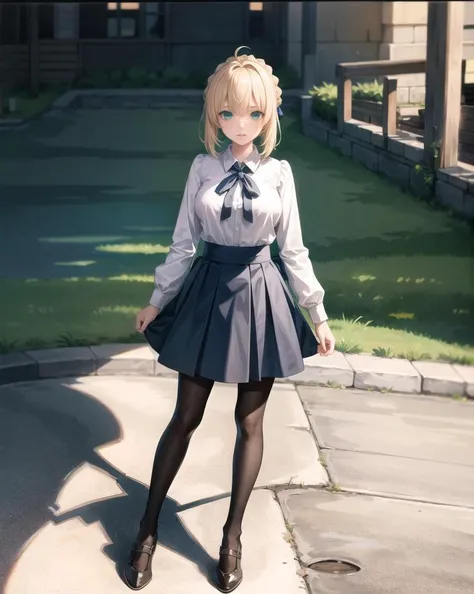 (masterpiece:1.2),best quality,highest quality,intricate,original,highres,absurdres,8k,ultra-detailed,(detailed eyes:1.2),official art,illustration, ,(large depth of field:1.5),(landscape with Subordination:0.9),(energy plant:0.8),(echoing caverns, reverberating echoes, hidden chambers, ancient echoes of the past:0.8),
,(1girl:1.2), (full body:1.3), ,slender, harvard clip hair,, (Lavender:0.8),
sunlight, .outdoors,
<lora:add_detail:0.3> , <lora:artoria_pendragon_v2:1.0>,ccsaber, blonde hair, green eyes, ahoge, white shirt, blue skirt, black pantyhose