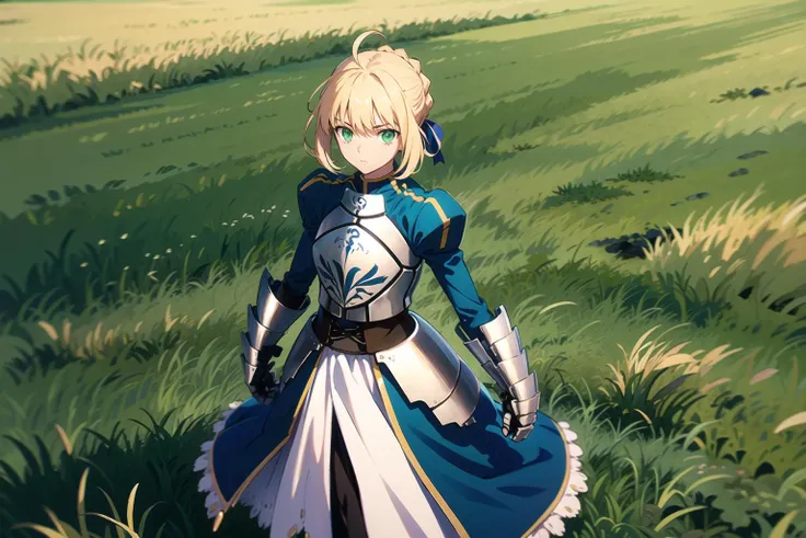 masterpiece, best quality, highres, aasaber, green eyes, ahoge, gauntlets, standing, cowboy shot, outdoors, field, grass,full body,
<lora:artoria_pendragon_v2:1>