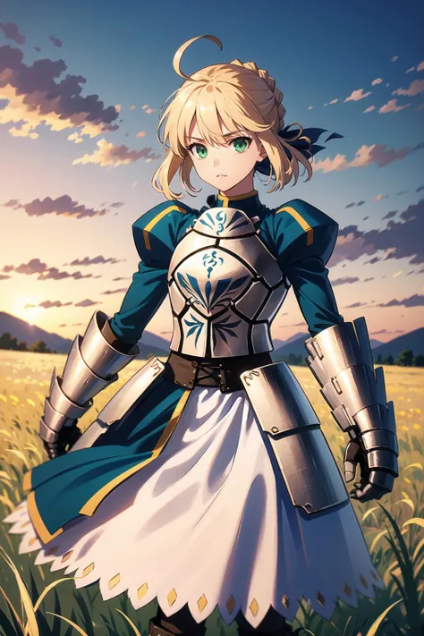 masterpiece, best quality, highres, aasaber, green eyes, ahoge, gauntlets, standing, cowboy shot, outdoors, field, grass,
<lora:artoria_pendragon_v2:1>