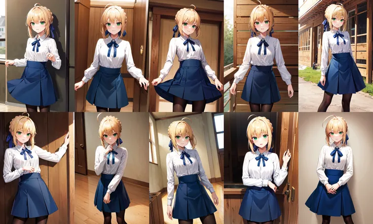 masterpiece, best quality, highres, ccsaber, green eyes, ahoge, white shirt, blue skirt, black pantyhose, <lora:artoria_pendragon_v2:0.9>, cowboy shot, standing,
