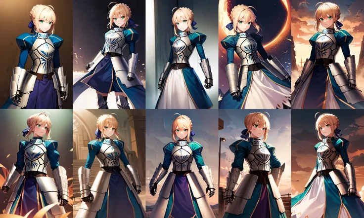 masterpiece, best quality, highres, aasaber, green eyes, ahoge, gauntlets, <lora:artoria_pendragon_v1:0.9>, standing, cowboy shot,