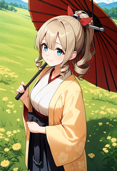 score_9, score_8_up, score_7_up, score_6_up, score_5_up, score_4_up, source_anime, anime artwork, anime_coloring, expressive, award winning, 8k, absurdres BREAK
1girl, kchtkz, light brown hair, ponytail, drill hair, blue eyes, hair ornament, red bow, white kimono, black hakama skirt, cowboy shot, grassy field, looking up, from above, holding oil-paper umbrella, red oil-paper umbrella, holding, <lora:hatakaze_ponyXLV6:0.7> yellow haori, light smile,
