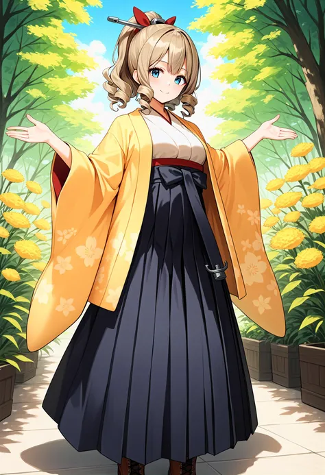 score_9, score_8_up, score_7_up, score_6_up, score_5_up, score_4_up, source_anime, anime artwork, anime_coloring, expressive, award winning, 8k, absurdres BREAK
1girl, kchtkz, light brown hair, ponytail, drill hair, blue eyes, hair ornament, red bow, white kimono, black hakama skirt, spread arms, wide sleeves,<lora:hatakaze_ponyXLV6:0.6> yellow haori, light smile, brown lace-up boots, (high heels:0.6), long sleeves, sleeves past wrists, finely detailed eyes