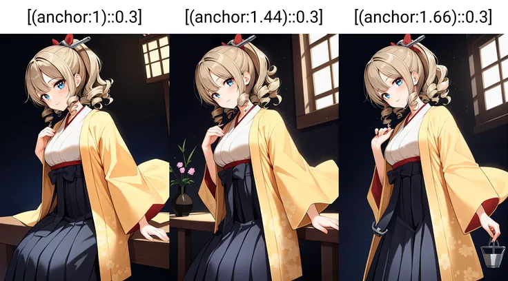 score_9, score_8_up, score_7_up, score_6_up, score_5_up, score_4_up, source_anime, anime artwork, anime_coloring, expressive, award winning, 8k, absurdres BREAK
1girl, kchtkz, light brown hair, ponytail, drill hair, blue eyes, hair ornament, red bow, white kimono, yellow haori, black hakama skirt, ((backlighting)), dark background, feet out of frame, looking at viewer, [(anchor:1)::0.3]    <lora:hatakaze_ponyXLV6:0.7>