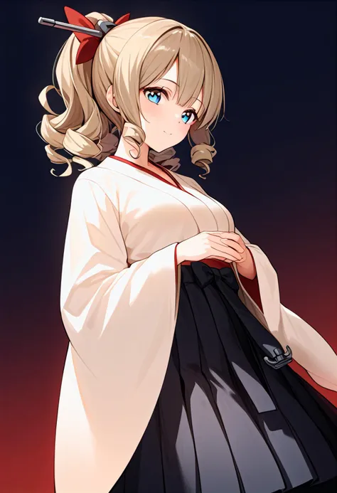 score_9, score_8_up, score_7_up, score_6_up, score_5_up, score_4_up, source_anime, anime artwork, anime_coloring, expressive, award winning, 8k, absurdres BREAK
1girl, kchtkz, light brown hair, ponytail, drill hair, blue eyes, hair ornament, red bow, white kimono, black hakama skirt, ((backlighting)), dark background, <lora:hatakaze_ponyXLV6:0.7> (haori:-1.5), (jacket:-1), long sleeves, wide sleeves,