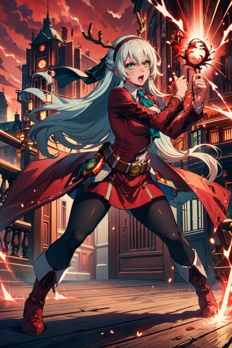 masterpiece, best quality, <lora:edgRageAura:1> red aura,wearing red light coating,deer antlers,red electricity <lora:elie-nvwls-v2-zero:0.8> elie macdowell, green eyes, hairband, blue ascot, hair ribbon, long sleeves, belt, pantyhose, white boots, fighting stance, furrowed brow, yelling, cityscape, red sky, looking at viewer
