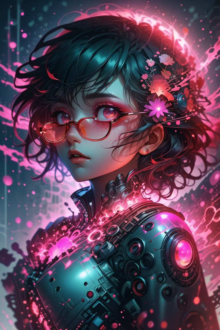 (Stupid Digital Artwork:1.3) of (Technical illustration:1.3) a photo of a woman, freckles, detailed eyes, pink eyes, (rimless eyewear:1.3), sweater, cozy, large breasts, blush, makeup, butterfly, flowers, <lora:edgRageAura:1> red, aura, edgrageaura, glowing,CGSociety,ArtStation,(Low Contrast:1.3),robot,((cyborg)),machine,futuristic,concept Art by senior character Artist,featured on zbrush central,trending on polycount,trending on ArtStation,CGSociety,hard surface modeling, <lora:LCM_LoRA_Weights_SD15:1>