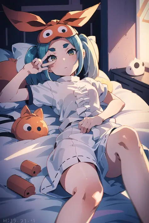 1girl, female, solo, yotsugiononoki, (ononokihat), hat, <lora:zaadyotsugi-v1:0.7> short_hair, eyes, twintails, white_shirt, pajamas, laying, on_back, relaxed, pillow, detailed:1.4, background, hdri, 4k, masterpiece,
day, room, house, indoors,