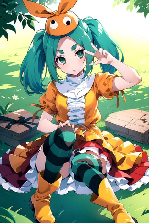 1girl, female, solo, (yotsugiononoki), (ononokihat), <lora:zaadyotsugi-v1:0.7> aqua_hair, short_hair, green_eyes, twintails, dress, striped_thighhighs, upskirt, sitting on the floor, detailed:1.4, background, hdri, 4k, masterpiece,
day, spring, trees, boots, yellow_footwear, V, v_pose,