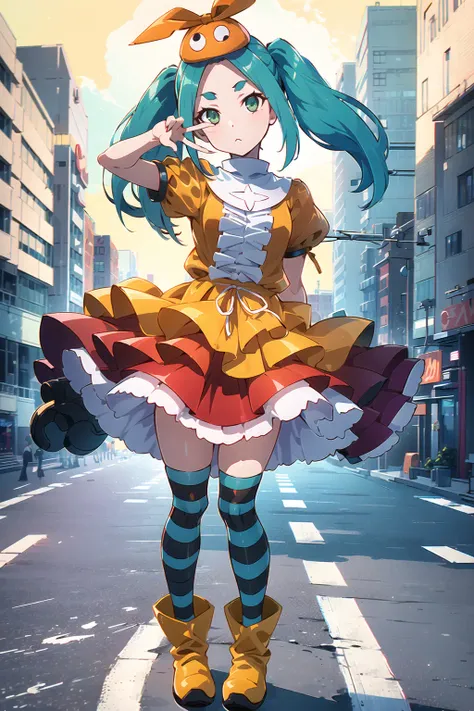 1girl, female, solo, (yotsugiononoki), (ononokihat), hat, <lora:zaadyotsugi-v1:0.7> aqua_hair, short_hair, green_eyes, twintails, dress, striped_thighhighs, standing, detailed:1.4, background, hdri, 4k, masterpiece,
day, city, street, boots, yellow_footwear