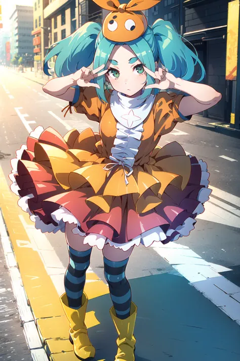 1girl, female, solo, (yotsugiononoki), (ononokihat), hat, <lora:zaadyotsugi-v1:0.7> aqua_hair, short_hair, green_eyes, twintails, dress, striped_thighhighs, standing, detailed:1.4, background, hdri, 4k, masterpiece,
day, city, street, boots, yellow_footwear