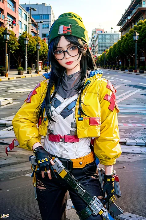 1girl, killjoy \(valorant\), cosplay, valorant, yellow jacket, glasses, gloves, green beanie, solo, upper body, outdoors, noon, streets, sunshine, standing, beautiful face, (cowboy shot), 8k, hdr, ultra highres, masterpiece,(realistic), highly detailed CG unified 8K wallpapers, (HQ skin:1.2),8k uhd, dslr, high quality, beautiful skin, attractive, ultra-high resolution, ultra-realistic, high-definition, close-up, dynamic pose, looking at viewer, <lora:KilljoyCosplay_LoRA:0.8>,
