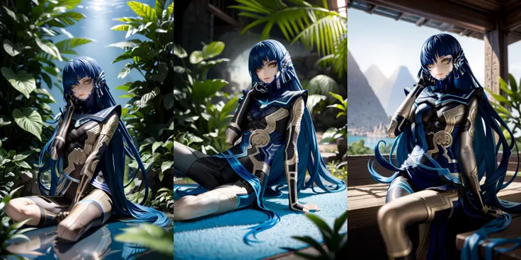 highly insanely detailed, masterpiece, top quality, best quality, highres, 4k, 8k, RAW photo, 
((ancient egyptian theme:1.2)), Hong Kong structure, building, structure, taiwan, korean, post-apocalyptic, 
swirling energy, 
tentacle, 
(underwater), 
reflection, reflective floor, 
abandoned building, overgrown with vegetation, [volumetric fog], cinematic lighting, colorful, colourful, 
(long_hair, long hair, random colors hair, glowing hair, hair over one eye, long messy hair), 
(eyelashes, eyeliner, eyeshadow, eyelashes, long eyelashes), 
collar, earrings, jewelry, necklace, armlet, 
nsfw, 
cleavage, perfect body, makeup, 
action pose, 
drunk, biting, 
dawn, 
<lora:smtv_protagonist_nahobino-10:1>, cowboy shot, solo, male focus, 1boy, androgynous, nahobino, expressionless, looking at viewer, sitting, crossed legs, hand on own face, armor, bodysuit