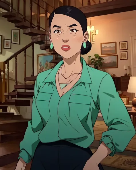 Debbie,brown eyes,hair bun, 
green shirt,pants,earrings, necklace, 
home,indoors,living room,
(insanely detailed,masterpiece, best quality),<lora:Debbie:0.8>,