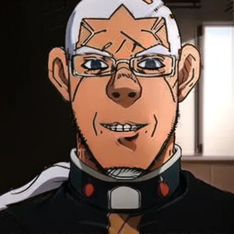 Enrico Pucci, soyjak, glasses, stubble, smile, variant:impish_soyak_ears <lora:Soy:0.9> <lora:enricoPucciMurataLORA_pucci:0.8>