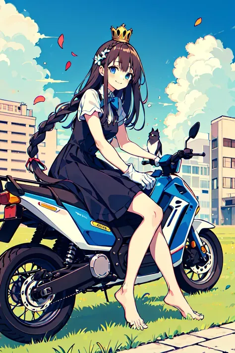 masterpiece, best quality, ultra-detailed, <lora:Oshioshio:0.8>1girl, long hair, barefoot, crown, cat, bird, gloves, blue eyes, white gloves, ground vehicle, motor vehicle, outdoors, smile, dress, feet, solo, sitting, sky, flower, day, looking at viewer, very long hair, bow, blue sky, soles, motorcycle, scooter, brown hair, grass, toes, hair bow, cloud, mini crown, breasts, building, black cat, blue bow, bangs, petals, animal, braid