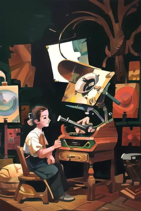 oil painting of a person listening to 1940's phonograph, (highly detailed), <lora:Sergio_Toppi_ArtStyle:1> , (saturationn:0.1),