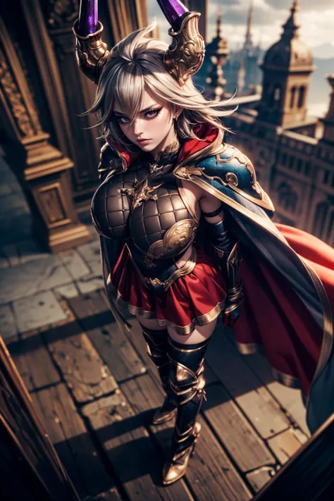 (ultra realistic,32k, masterpiece:1.2),(high detailed skin:1.1),( high quality:1.1),
<lora:gbf_threo:0.8>(angry, v-shaped eyebrows:1.1),(eyeliner,long lashes, mascara:1.1),threo, grey hair, red eyes,ahoge, large breasts, armor, cape, red skirt, thighhighs, black gloves, elbow gloves, locationFantasy (blurry background:1.2),(looking at viewer, standing, from above:1.1),, huge breast,large breast,<lora:add_detail:0.83>,full body, 
(moody lighting:1.1),