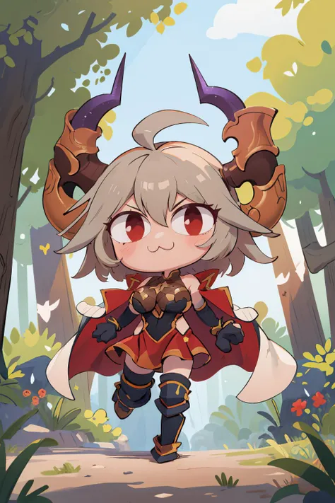 (masterpiece, best quality:1.2), chibi, solo, 1girl, threo, necoarc, :3, looking at viewer, ahoge, slit pupils, armor, cape, red skirt, thighhighs, black gloves, elbow gloves, large breasts, outdoors, forest <lora:gbf_threo-11:0.9> <lora:necoarc:1>