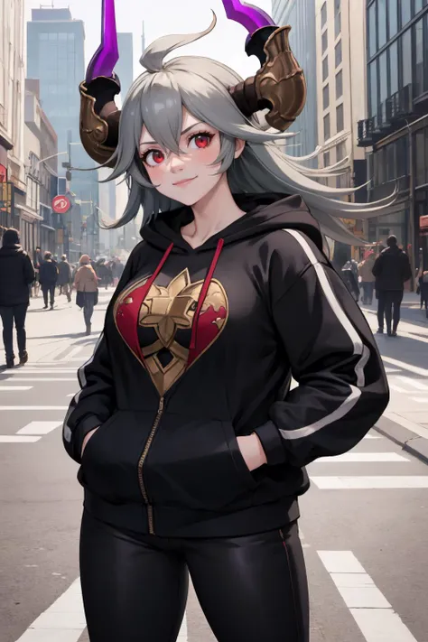 (masterpiece, best quality:1.2), solo, 1girl, threo, slight smile, looking at viewer, hands in pockets, ahoge, black hoodie, black pants, large breasts, outdoors, city street <lora:gbf_threo-11:0.8>