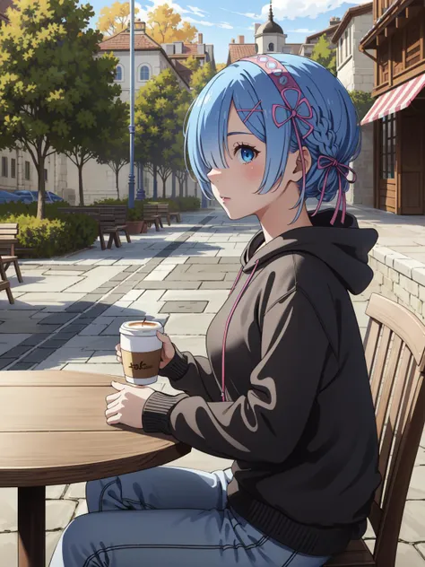 (masterpiece:1.2, best quality:1.1, highres,absurdres, high quality),(photorealistic:1.1),reflected light, colorful,ultra-detailed, ultra hd, super detailed,
ChopioRem, blue hair, medium hair, blunt bangs, x hair ornament, pink hair ribbon, hair over one eye, blue eyes, medium breasts, black hoodie, pants,sneakers, sitting, cafe,outdoors, coffee cup on table, holding smartphone, from side,
<lora:ReZeroRem-v1:0.5>