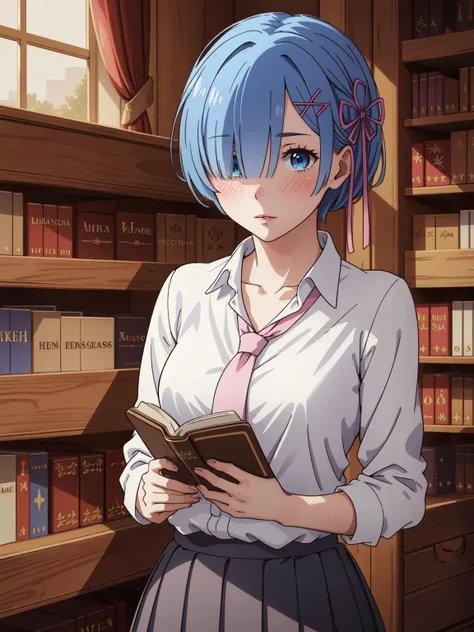(masterpiece:1.2, best quality:1.1, highres,absurdres, high quality),(photorealistic:1.1),reflected light, colorful,ultra-detailed, ultra hd, super detailed,
ChopioRem, blue hair, medium hair, blunt bangs, x hair ornament, pink hair ribbon, hair over one eye, blue eyes, medium breasts, school uniform, unbuttoned shirt, no bra, pleated skirt, necktie, library, standing, collarbone, nose blush, holding book,
<lora:ReZeroRem-v1:0.5>