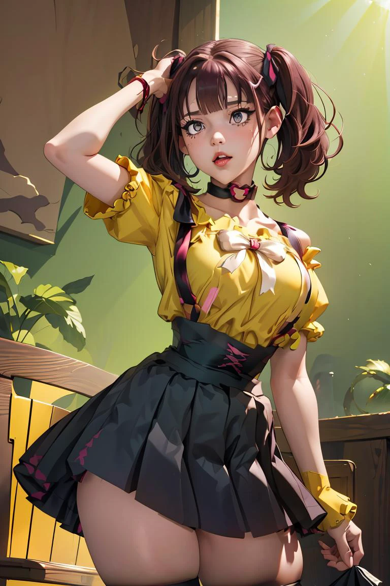(masterpiece, best quality), 1girl, <lora:LeeRoha:1> leeroha, twintails,yellow shirt,frilled shirt,off-shoulder shirt,puffy short sleeves,heart choker,suspenders,bow,black skirt,high-waist skirt,thighhighs,