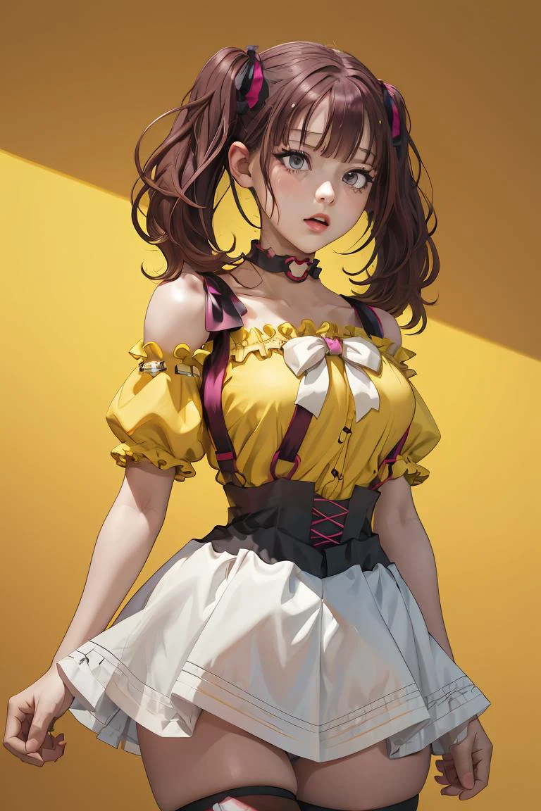 (masterpiece, best quality), 1girl, <lora:LeeRoha:1> leeroha, twintails,yellow shirt,frilled shirt,off-shoulder shirt,puffy short sleeves,heart choker,suspenders,bow,black skirt,high-waist skirt,thighhighs,