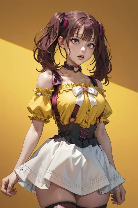 (masterpiece, best quality), 1girl,  <lora:LeeRoha:1> leeroha, twintails,yellow shirt,frilled shirt,off-shoulder shirt,puffy short sleeves,heart choker,suspenders,bow,black skirt,high-waist skirt,thighhighs,